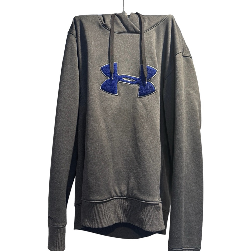 Large emblem under armor sweatshirt.